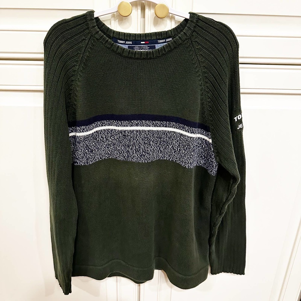 Vintage‎ 2002 Tommy Hilfiger Jeans Men’s Green Knit Crewneck Pullover Sweater